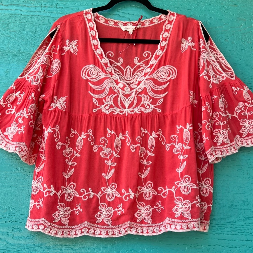 Solitaire Red Embroidered Peasant Top with White Stitching